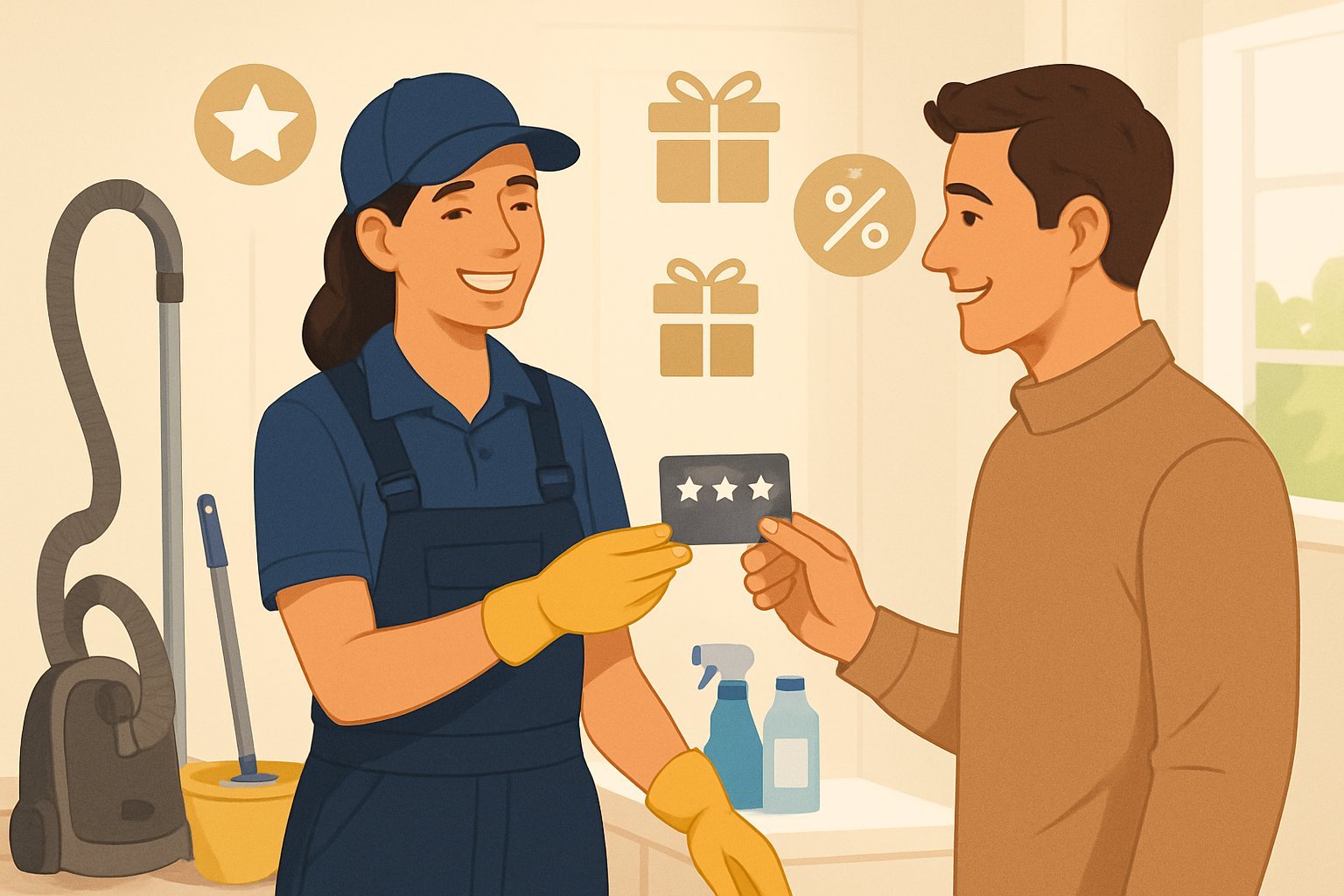 A cleaning service worker giving a rewards card to a happy customer in a clean home setting with icons of stars, gifts, and discounts around them.