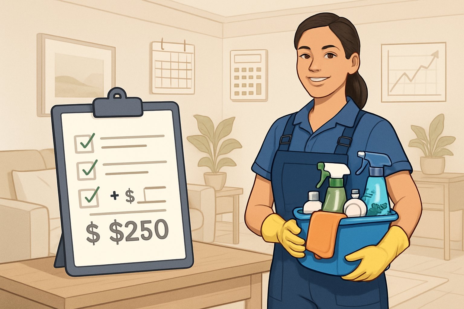 A house cleaner holding supplies in a clean living room with a clipboard showing a checklist and price calculations, alongside a calendar, calculator, and chart representing planning and profit.