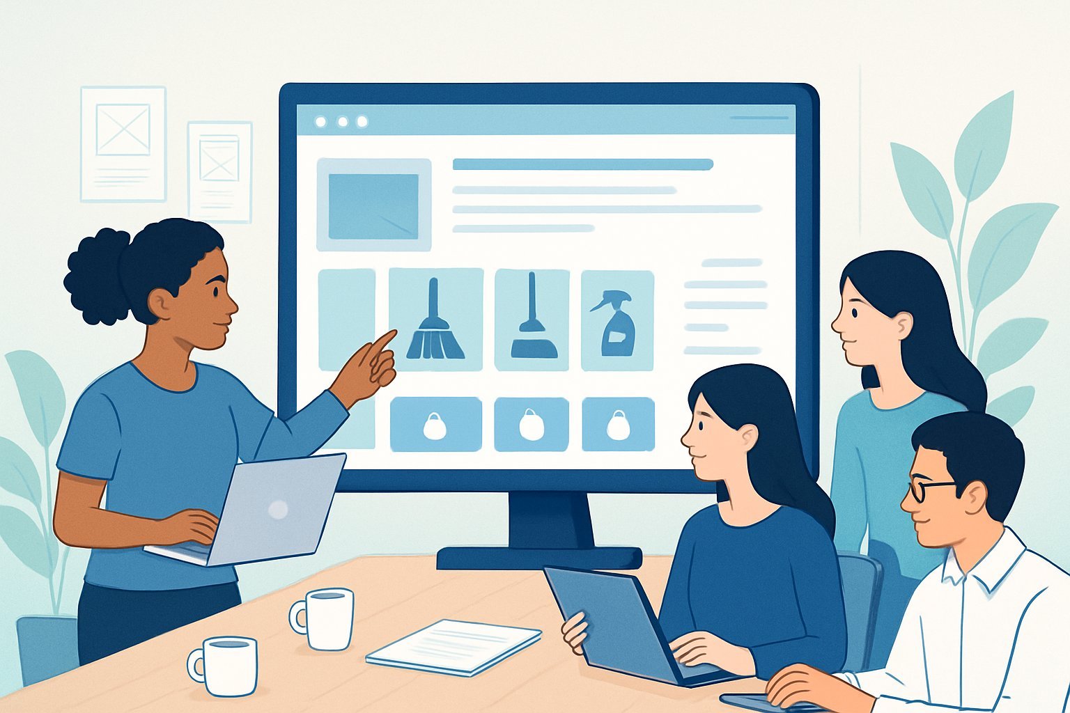A team working together around a computer building a cleaning service website, with cleaning tool icons and digital devices on a bright office desk.
