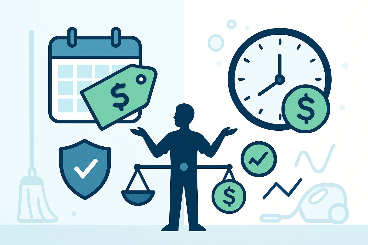 A workspace split into two halves comparing flat-rate pricing with a calendar and fixed price symbol, and hourly pricing with a clock and dollar sign, with a balanced scale in the center and cleaning tools in the background.