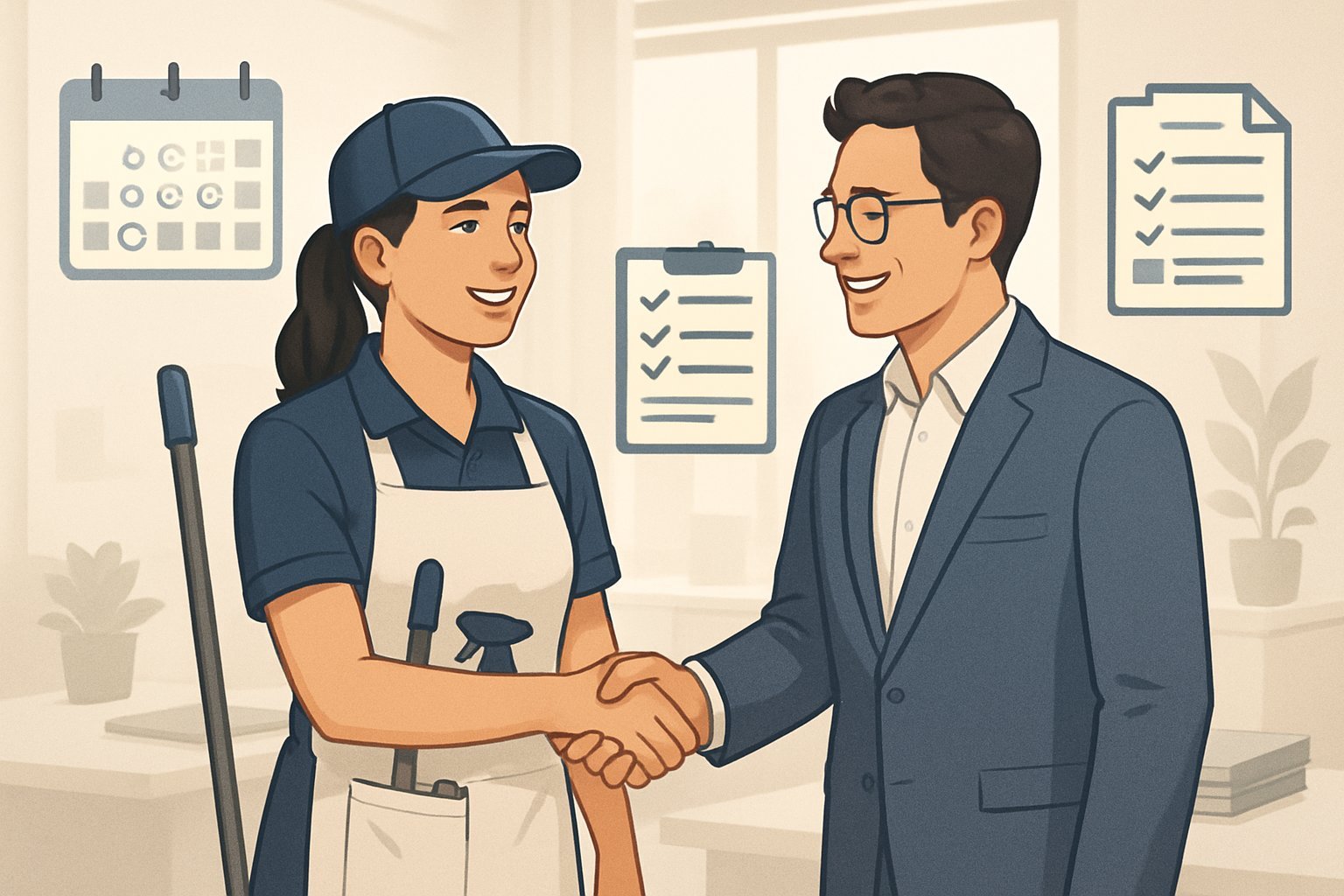 A cleaner shaking hands with a client in an office, with symbols of contracts and recurring schedules around them.
