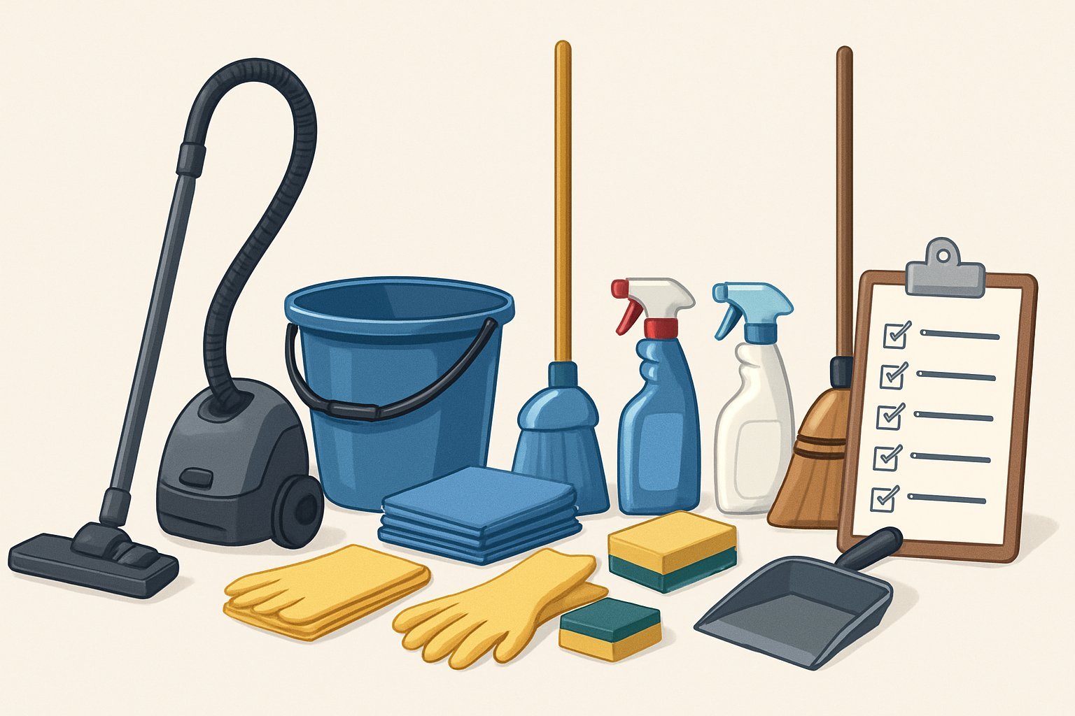 A neatly arranged set of cleaning tools and supplies including a vacuum cleaner, mop, bucket, spray bottles, gloves, sponges, broom, dustpan, and a checklist clipboard.