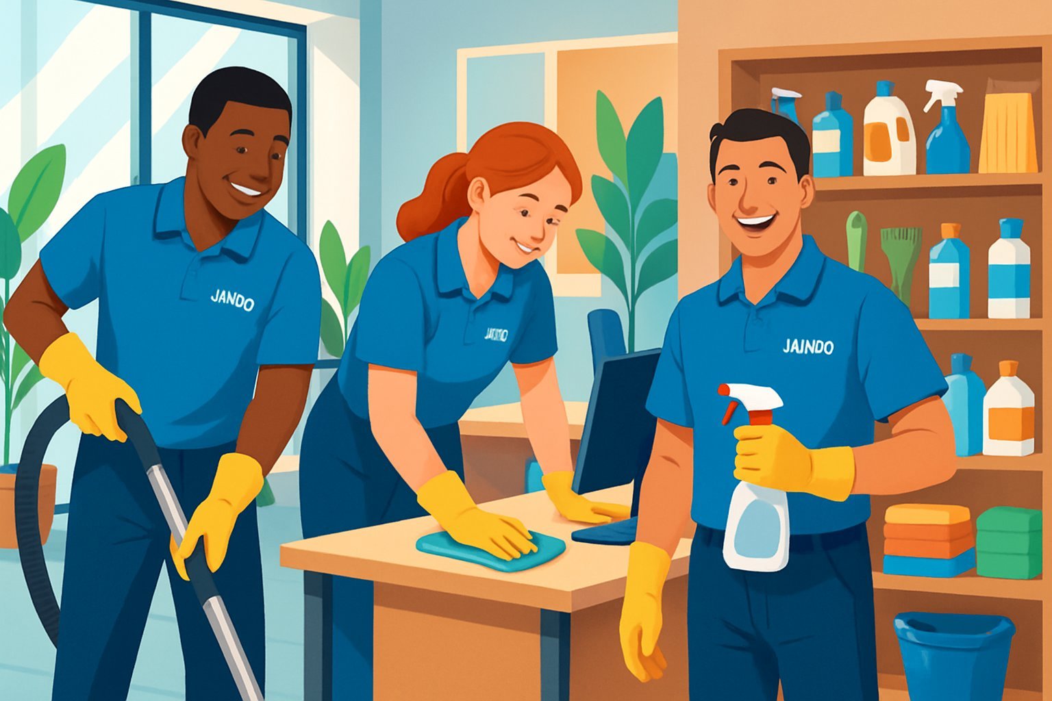 A team of three cleaning professionals working together in a bright office space, cleaning desks and vacuuming with supplies neatly arranged nearby.