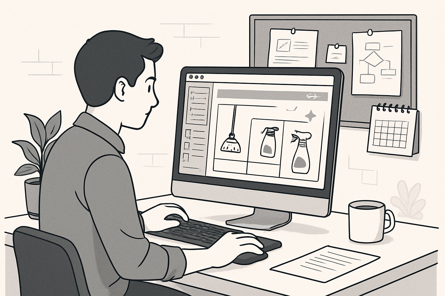 A person working at a computer designing a cleaning service website with cleaning icons and workspace items around them.