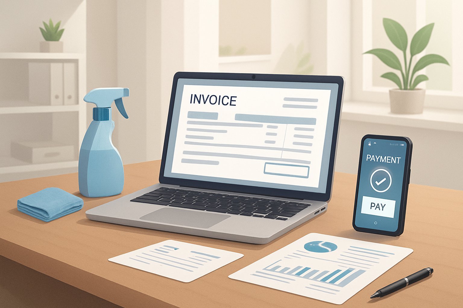 An office desk with a laptop showing an invoice, a smartphone with payment confirmation, paperwork with charts, and cleaning tools nearby, representing a cleaning business managing payments.
