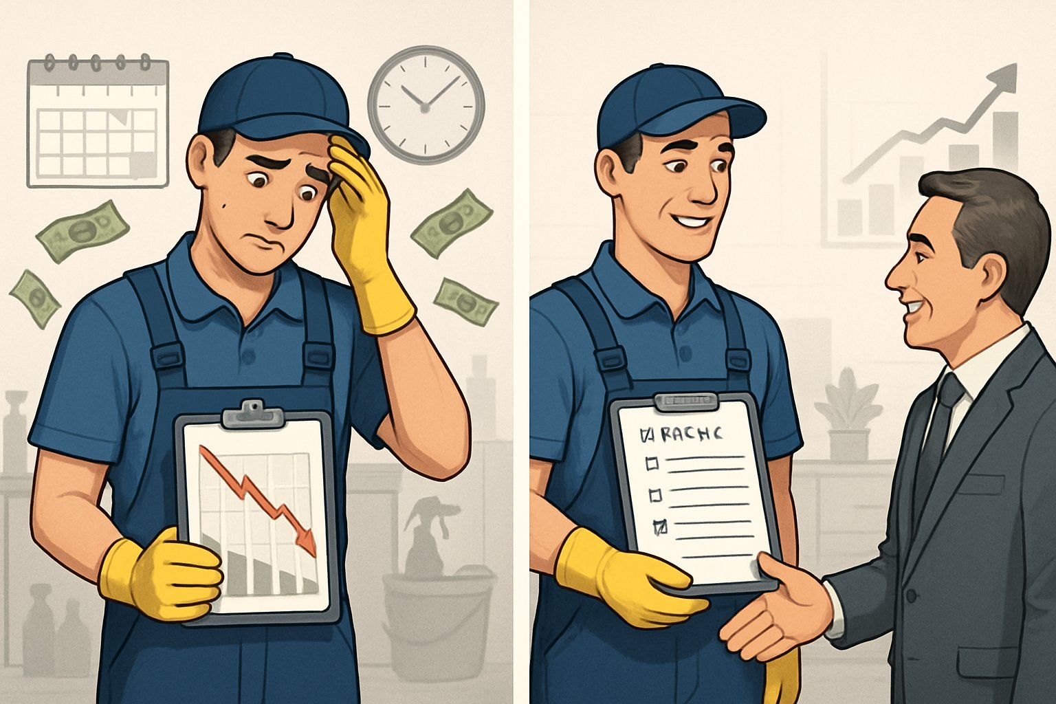 A cleaner looks worried holding financial charts with money scattered, while another cleaner confidently shows a pricing list to a happy client in a clean office setting.