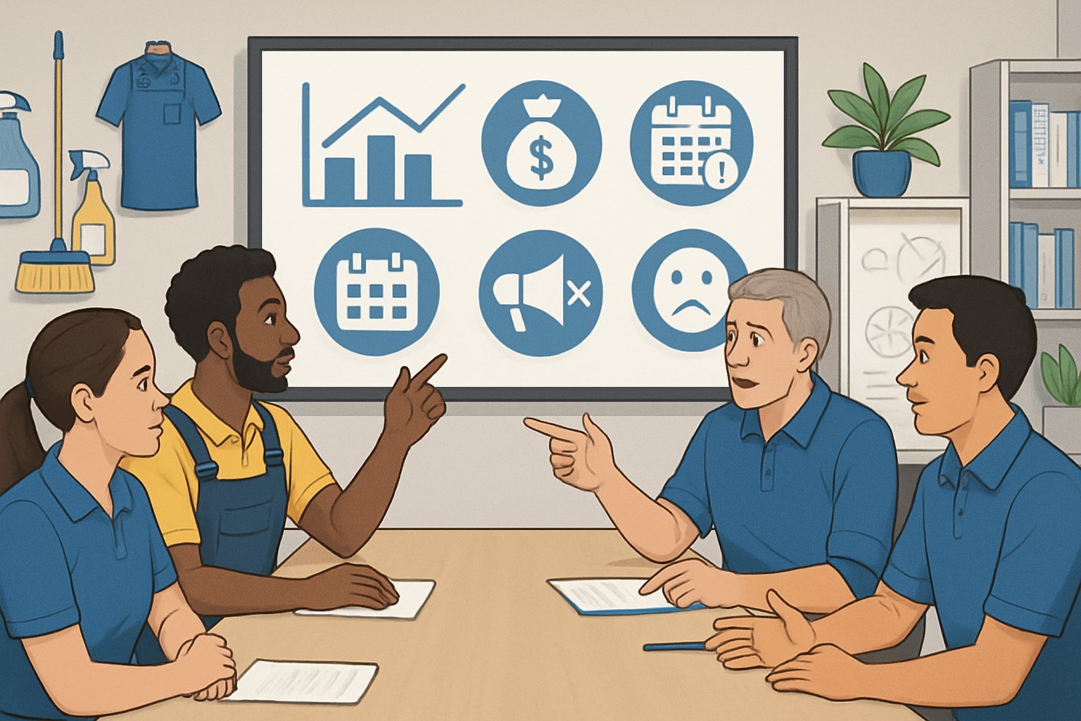 A group of cleaning business owners discussing common mistakes around a table in an office with cleaning supplies and charts displayed on a screen.