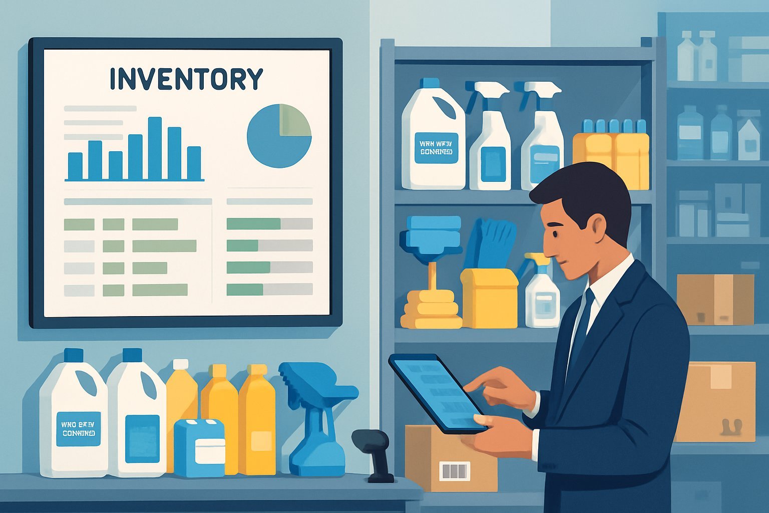 A person using a tablet to check inventory data in a clean office with shelves of organized cleaning supplies and a digital dashboard displaying supply levels.