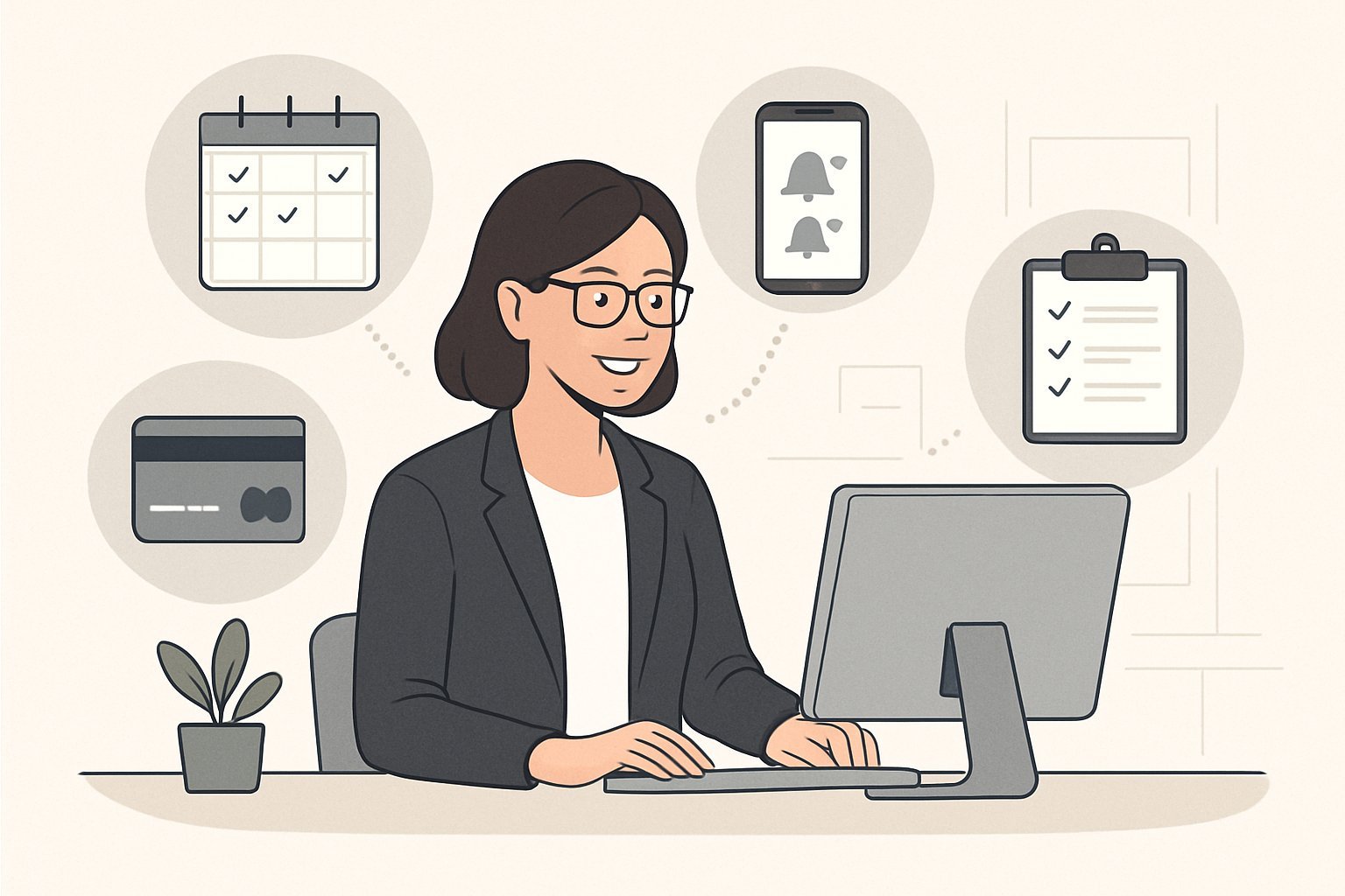 A receptionist managing appointments with icons of a calendar, smartphone reminders, credit card, and checklist floating around.