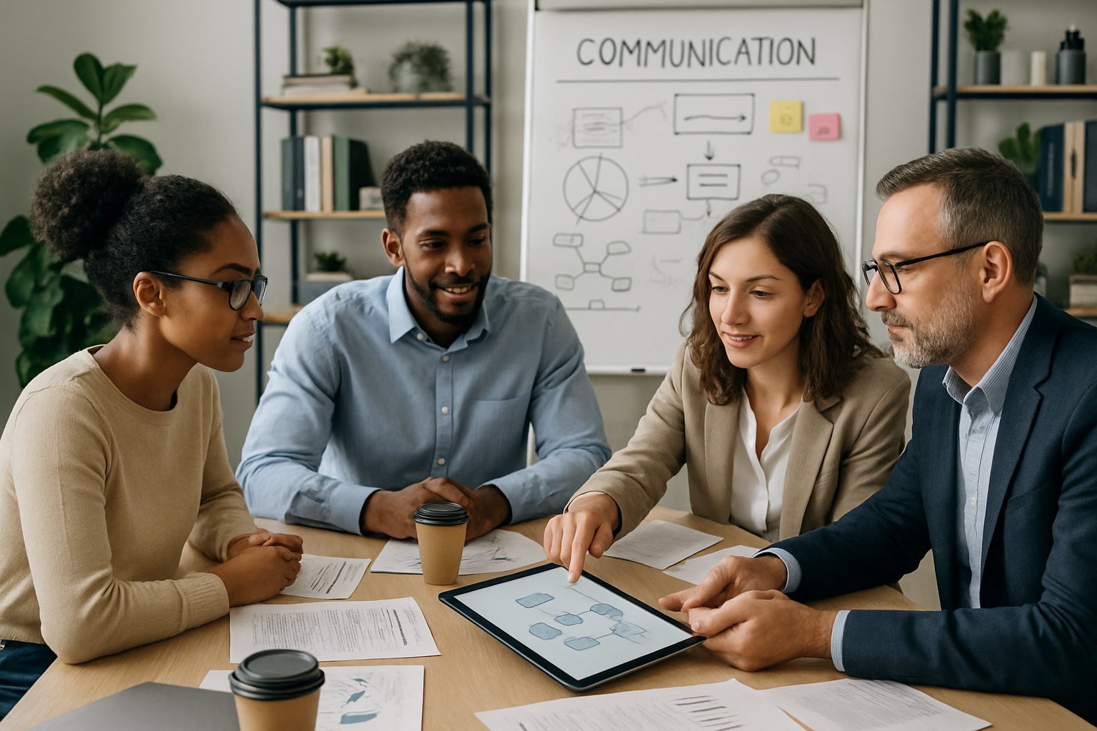 A team of four people working together around a table with laptops and documents, discussing communication strategies in an office.