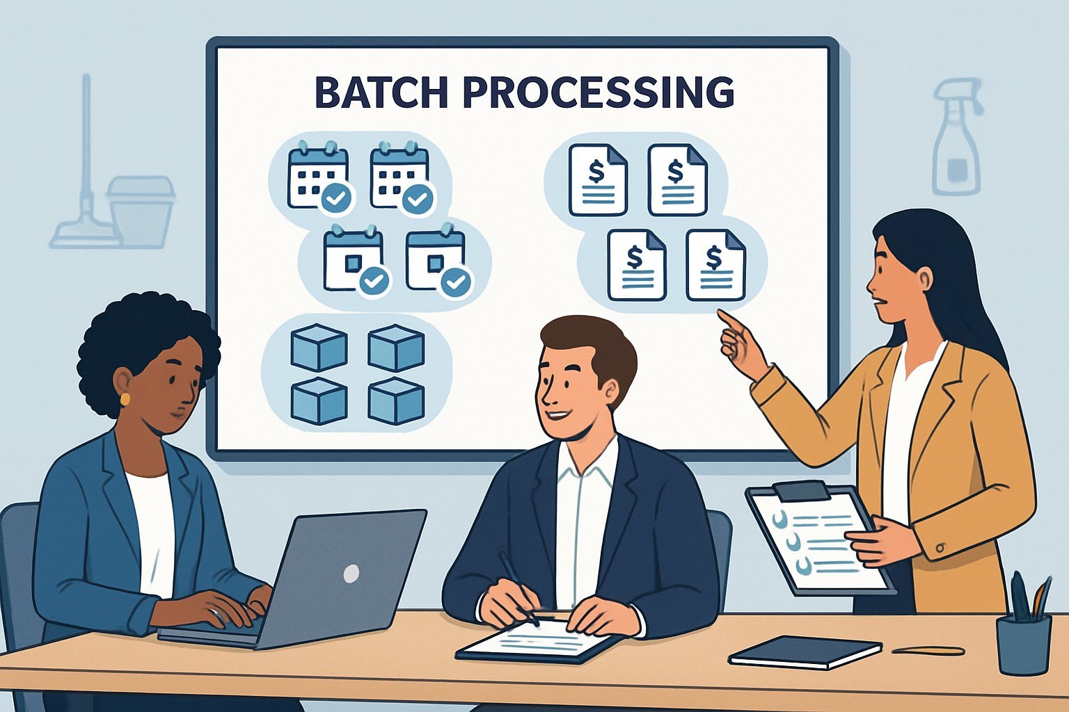 A group of professionals working together in an office, organizing and grouping similar administrative tasks on a large screen to improve efficiency.