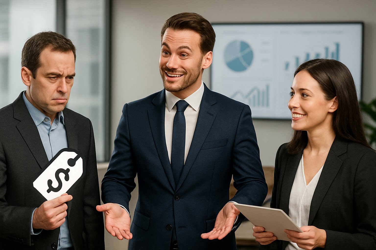 A salesperson talking to two clients in an office; one client looks focused on price, the other appears interested and engaged.