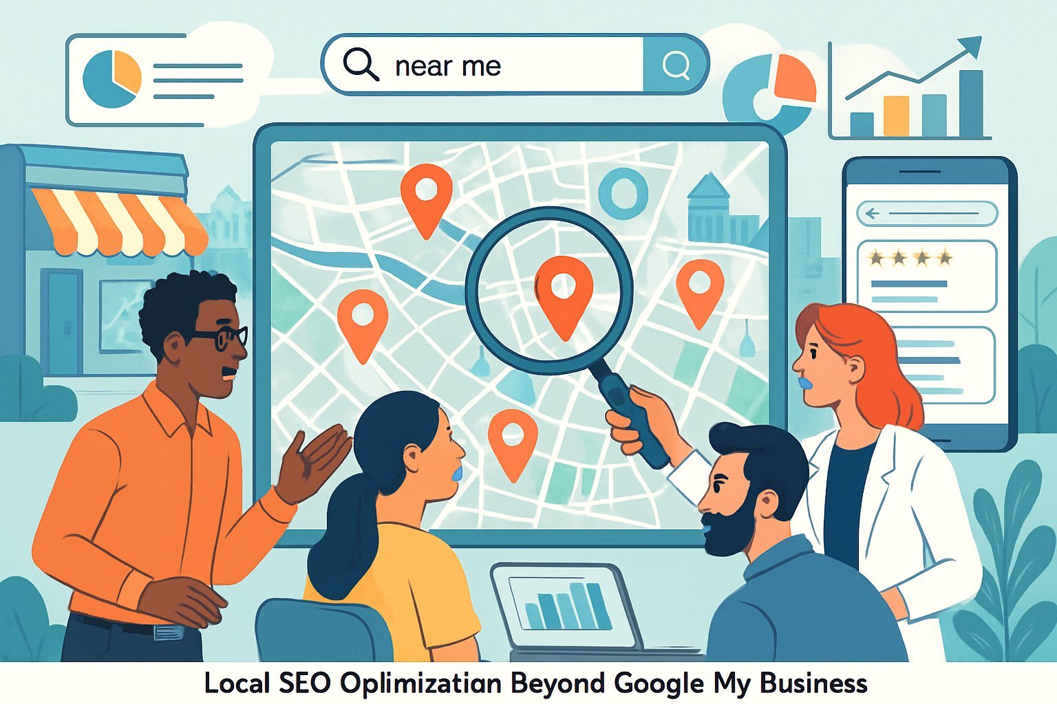 A group of people analyzing a digital map with location pins and search results, surrounded by storefronts and a smartphone displaying local search information.