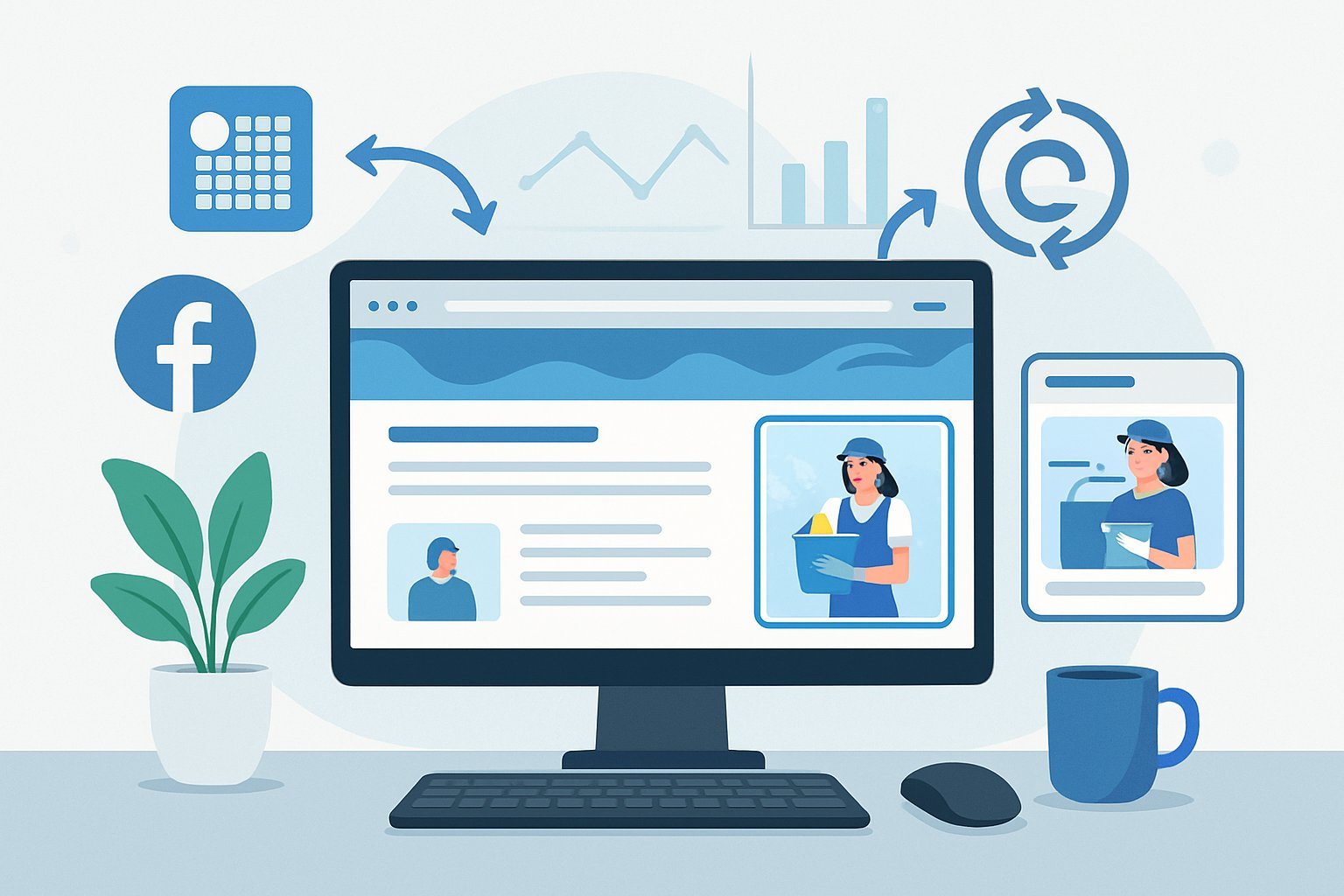 A workspace with a computer showing a cleaning service website surrounded by icons representing digital marketing and user return, with charts in the background.