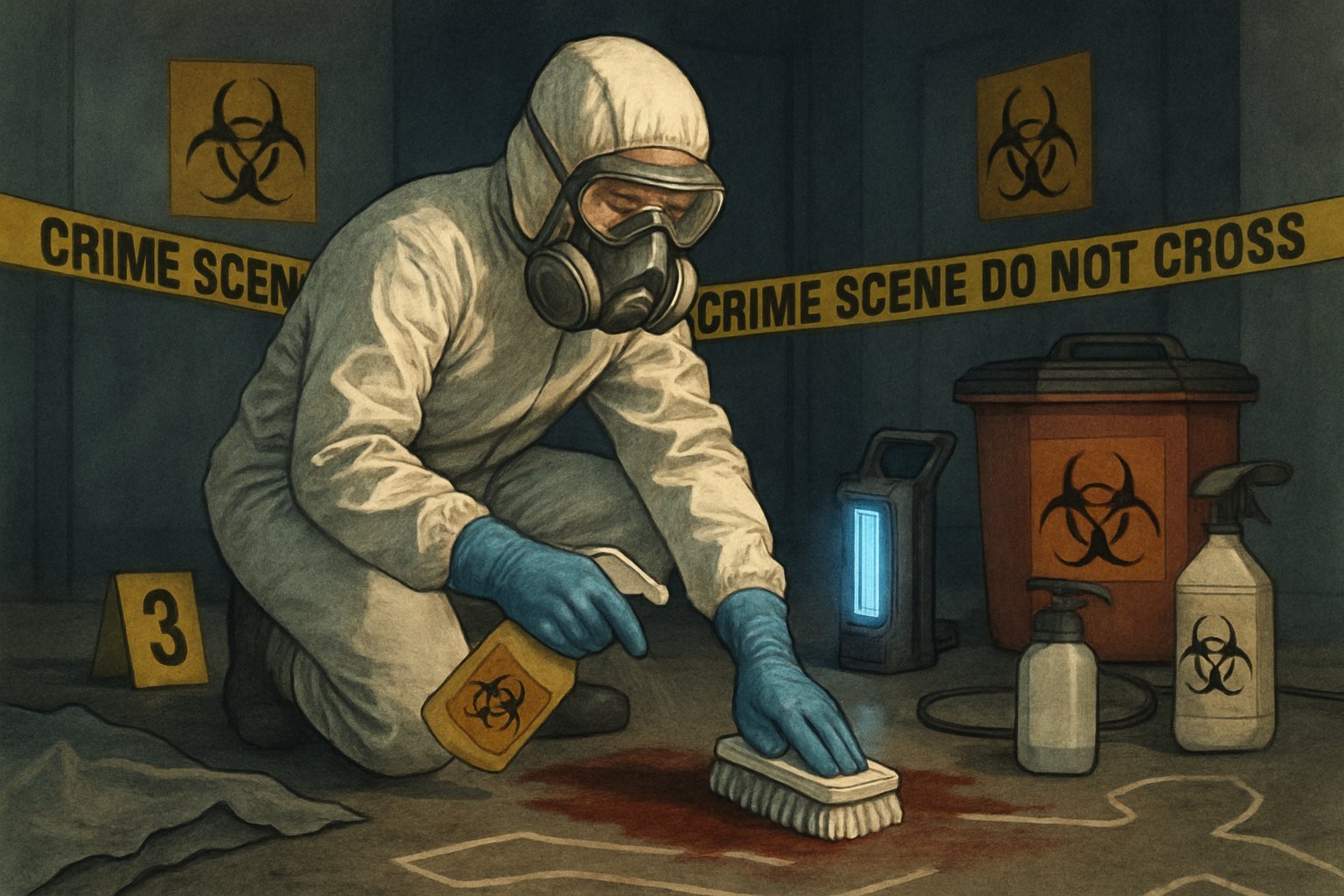 A person in protective gear cleaning a crime scene with biohazard signs and specialized equipment around.