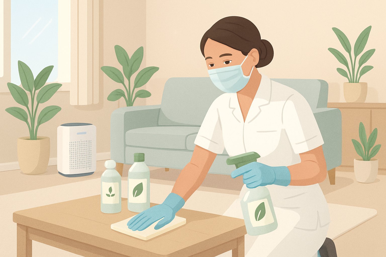 A cleaning professional wearing a face mask carefully cleans a bright living room using eco-friendly products, surrounded by plants and an air purifier.
