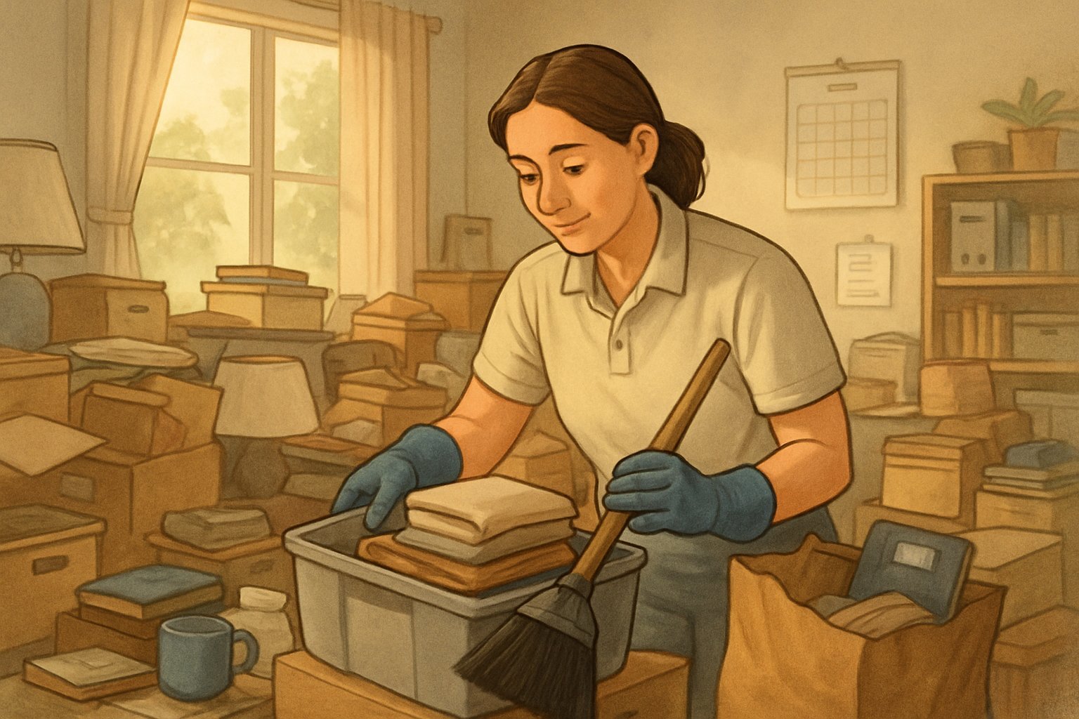 A cleaner gently organizing a cluttered room filled with household items, showing care and patience during a hoarder home cleaning.