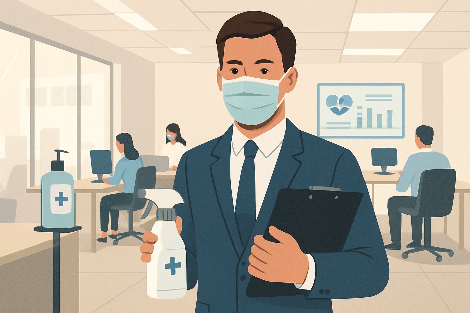 A businessperson wearing a face mask holds a clipboard and disinfectant spray in a clean office where employees work safely at their desks.
