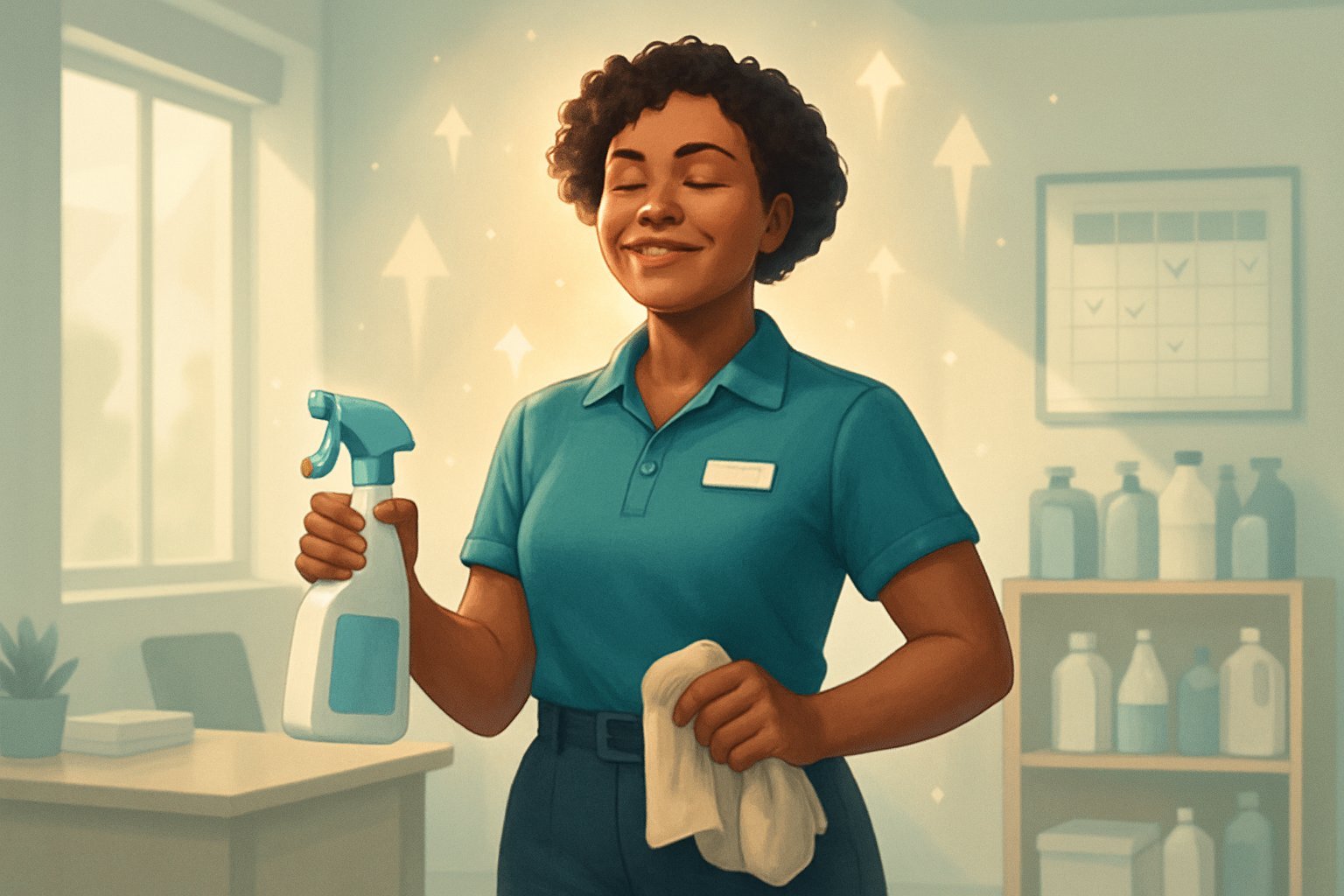 A confident cleaning business owner standing in a clean office holding cleaning supplies, surrounded by symbols of growth and success.