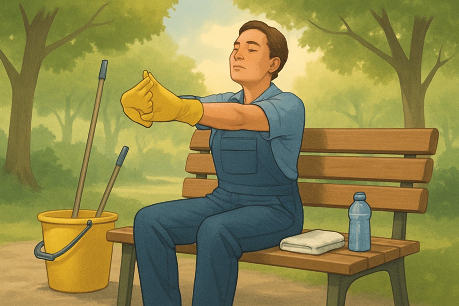 A cleaning business owner sitting on a park bench, stretching and resting with cleaning tools nearby.