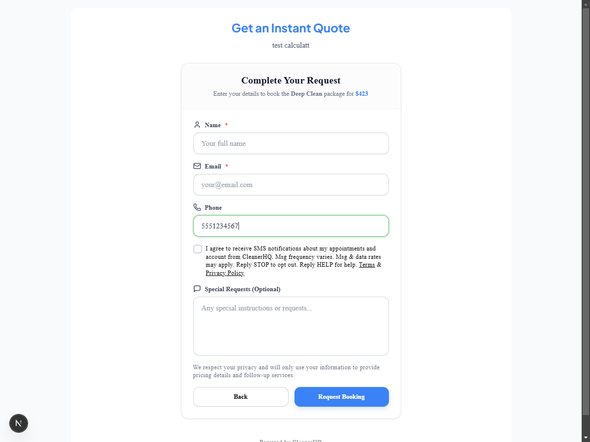Public booking widget lead capture form with SMS consent checkbox and TCPA disclosure language
