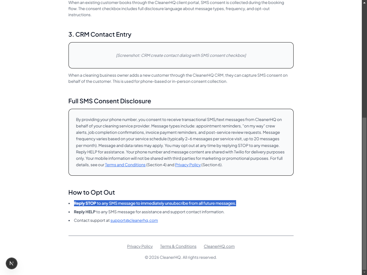 Public SMS Consent page showing TCPA disclosure text opt-out instructions and footer links