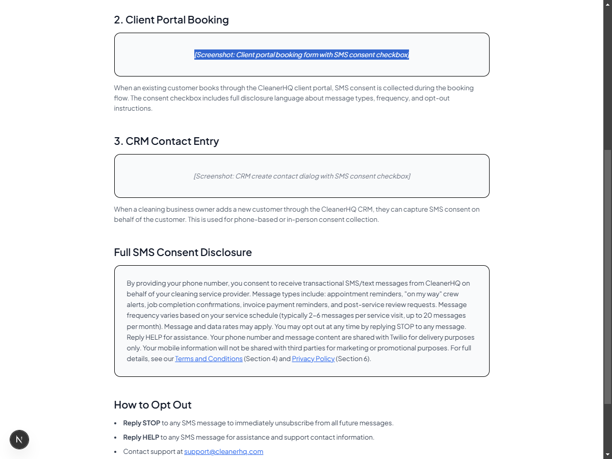 Public SMS Consent and Opt-In Disclosure page showing 3 consent collection flows