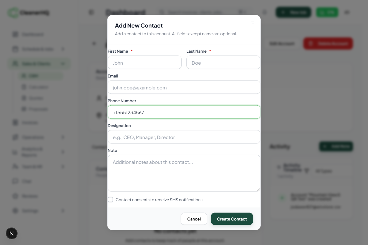 CRM Add New Contact dialog with SMS consent checkbox unchecked by default
