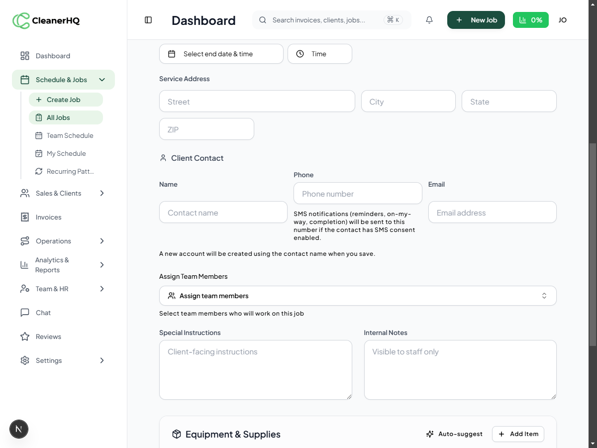 Create New Job form with SMS notification notice below phone field