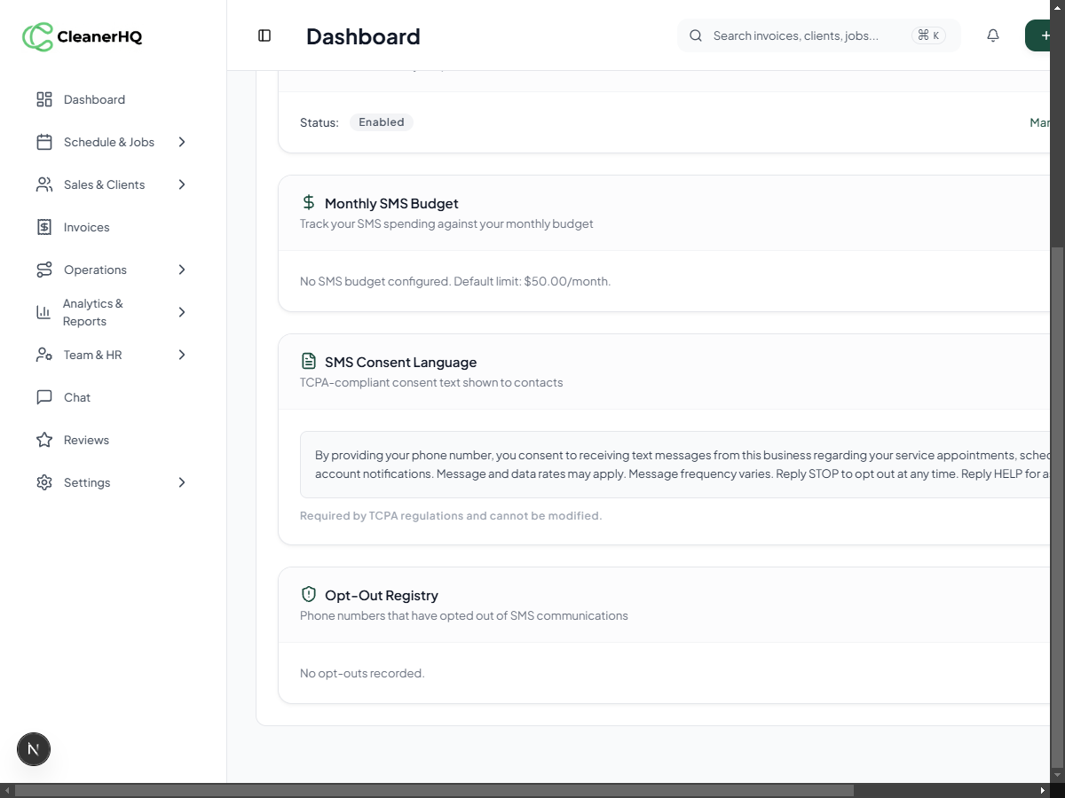 SMS Settings page showing TCPA consent language preview and Opt-Out Registry