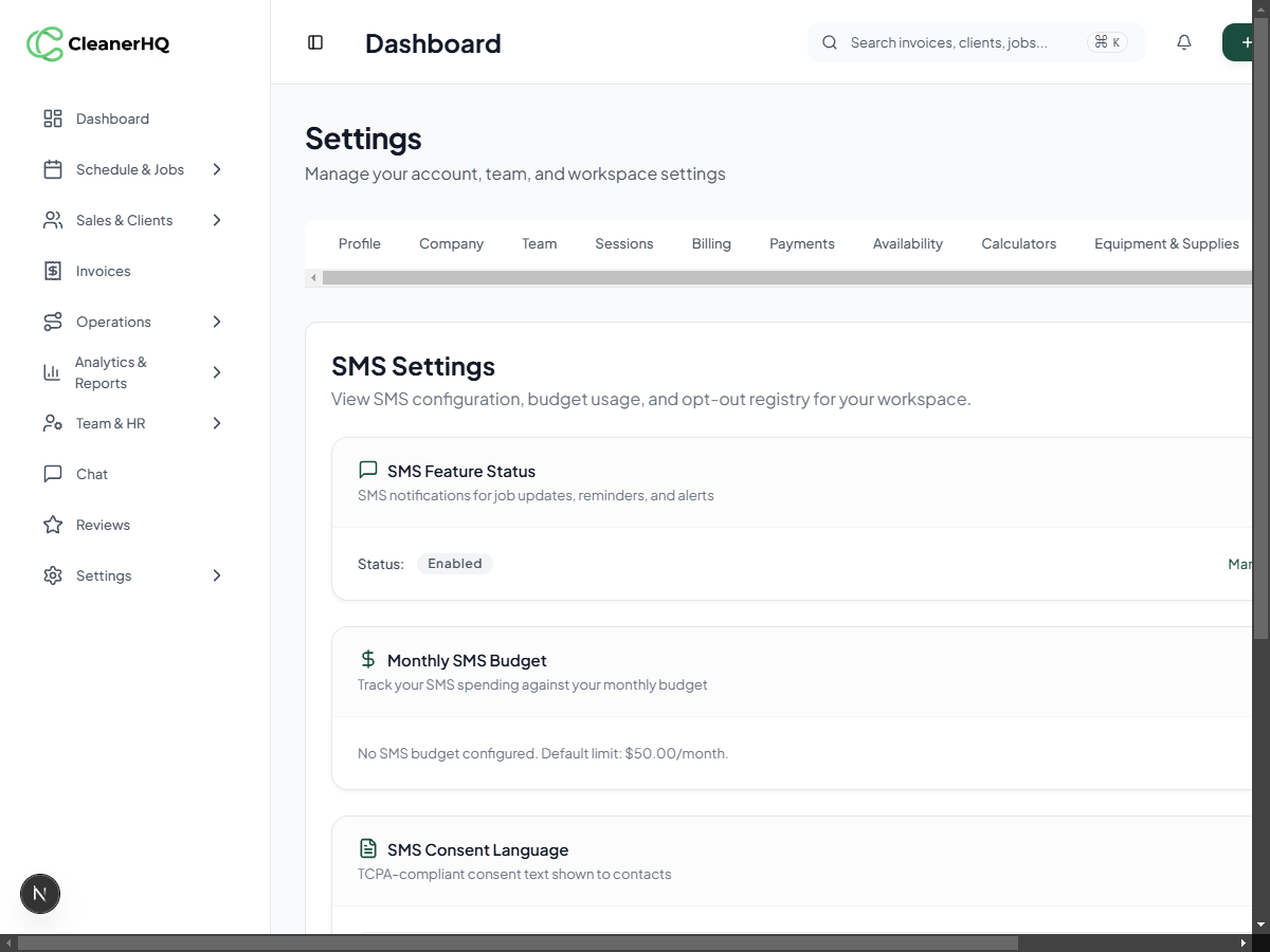 SMS Settings page showing SMS Feature Status and Monthly SMS Budget sections
