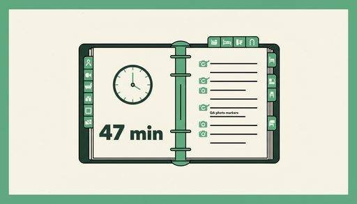 Open SOP binder with 18 job-type tabs and a kitchen deep-clean procedure showing 22 steps and four QA photo checkpoints across a 47-minute total