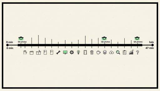 Horizontal timeline of a 22-step kitchen deep clean SOP with four quality-assurance photo checkpoints across a 47-minute duration