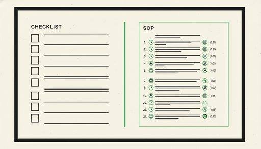 Side-by-side comparison showing a simple 6-line checklist on the left versus a detailed 22-step standard operating procedure document on the right