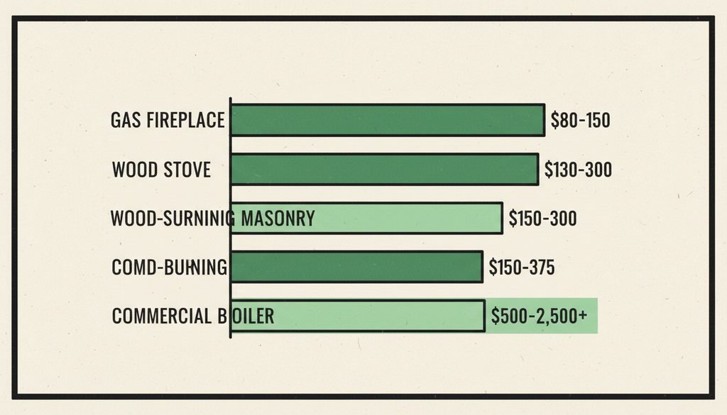 Chimney cleaning cost by service type chart showing gas, wood, pellet, and inspection price bands