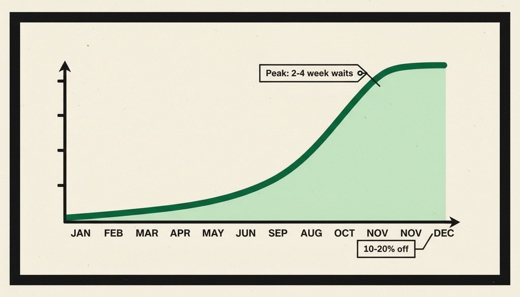 Chimney sweep seasonality chart showing fall peak demand and spring off-season discounts