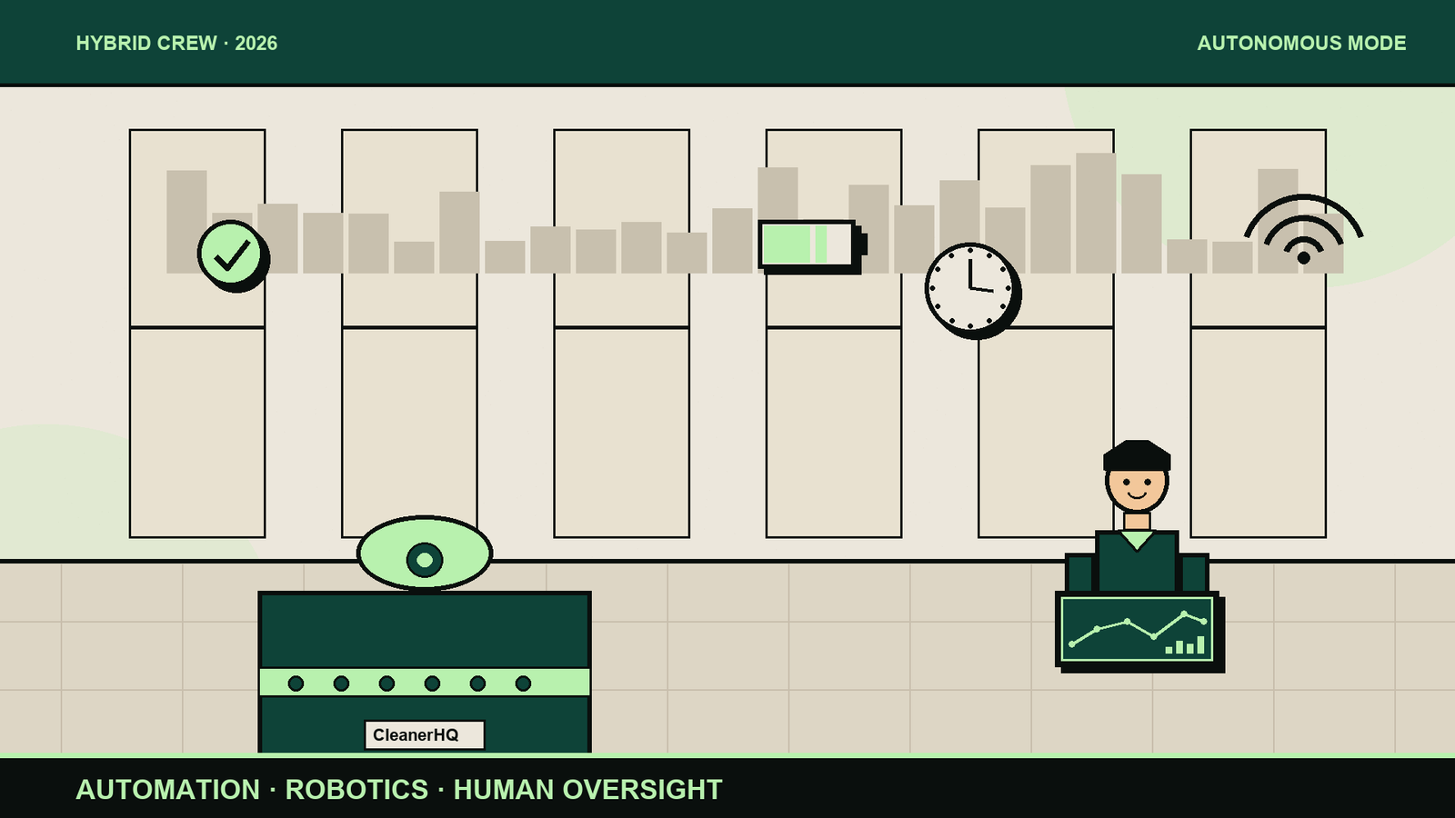 Autonomous floor scrubber robot in a commercial lobby with human supervisor monitoring via tablet (editorial illustration, CleanerHQ brand)
