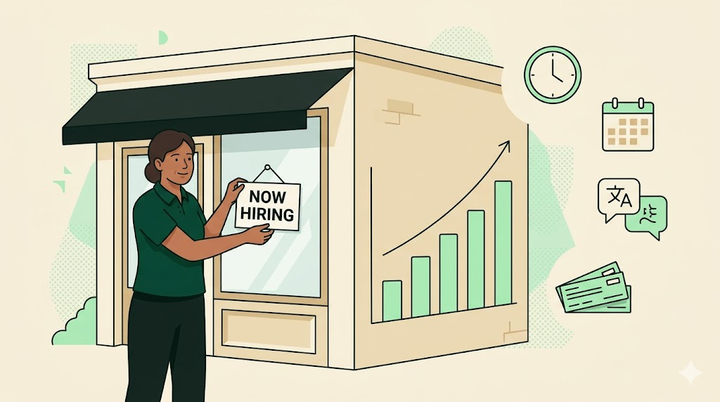Cleaning business owner placing a NOW HIRING sign; rising wage line chart in mint green (editorial illustration, CleanerHQ brand)