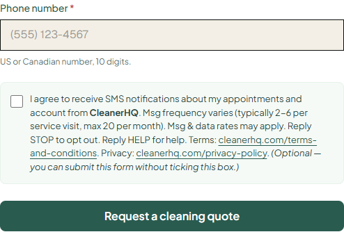 CleanerHQ booking widget showing the unchecked SMS consent checkbox and full disclosure text