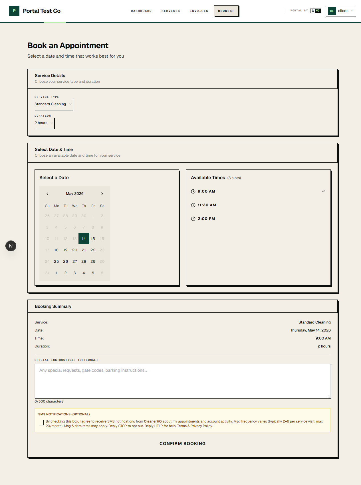 CleanerHQ client portal booking page showing the unchecked SMS consent checkbox and disclosure text