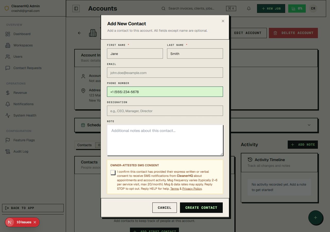 CleanerHQ CRM Add Contact dialog showing the unchecked owner-attested SMS consent checkbox and disclosure text