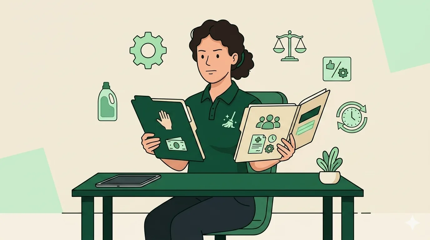 Cleaning business owner comparing two folders labeled with contractor and employee paperwork at a desk