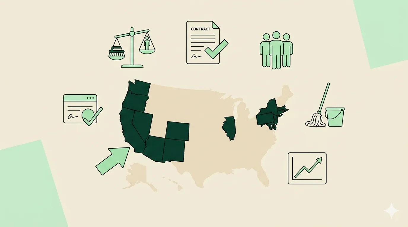 Map-style illustration suggesting states with stricter ABC tests for worker classification