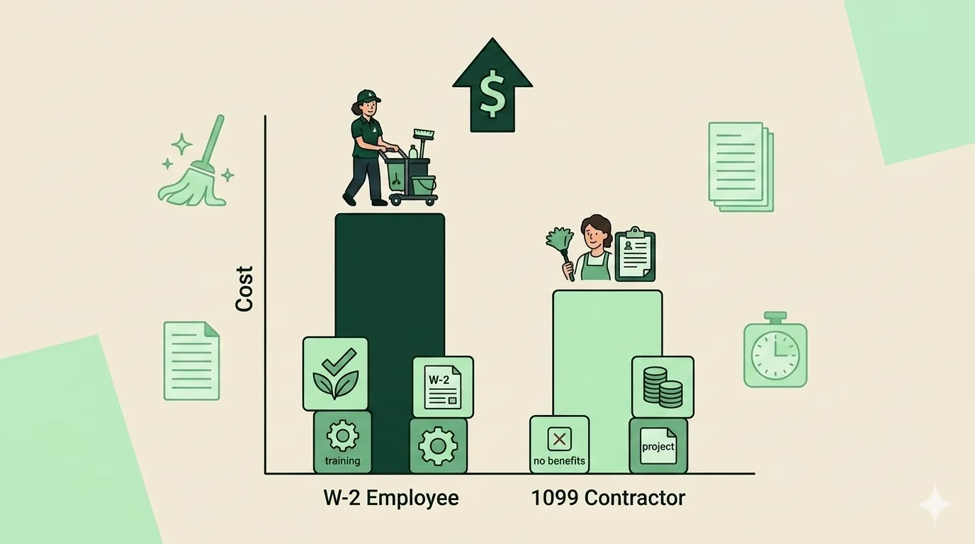 Bar chart comparing fully loaded hourly cost of a W-2 cleaning employee versus a 1099 contractor