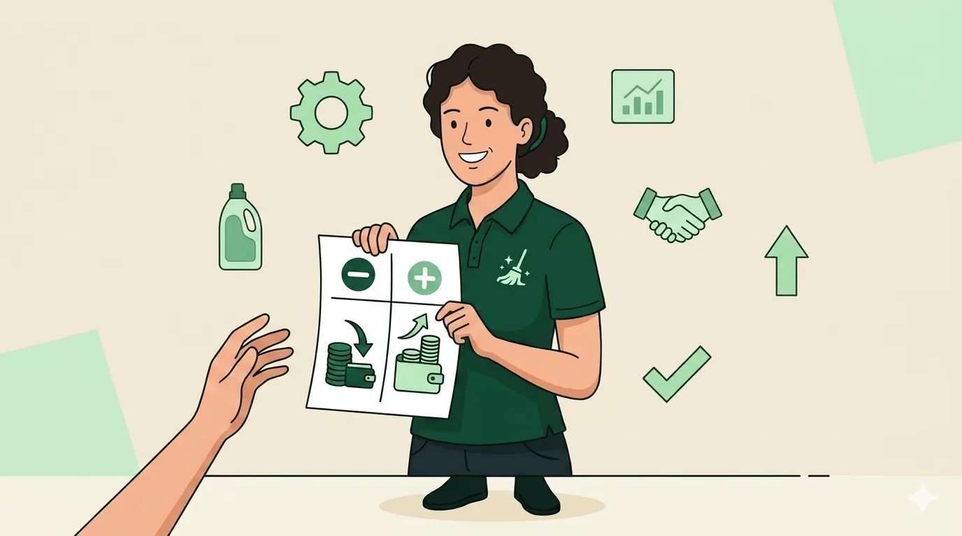 Side-by-side take-home pay comparison handout being shown to a cleaner during a conversion conversation