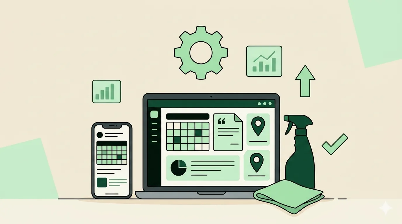 Side-by-side comparison of cleaning business software dashboards on a laptop and phone