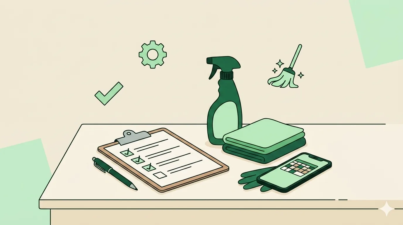 Two-week software evaluation checklist on a clipboard next to cleaning supplies