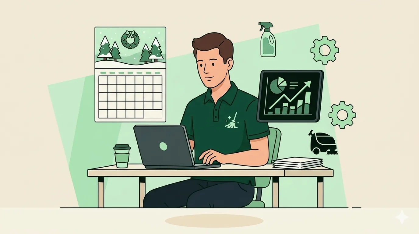 Cleaning business owner reviewing a cash flow chart on a laptop in a small office, with a wall calendar showing December