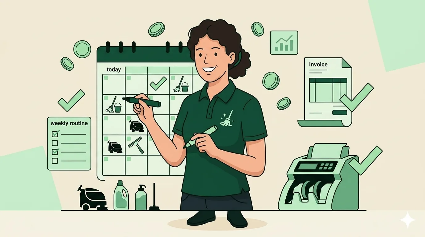 Calendar-style illustration of a weekly and monthly cash flow routine with green checkmarks