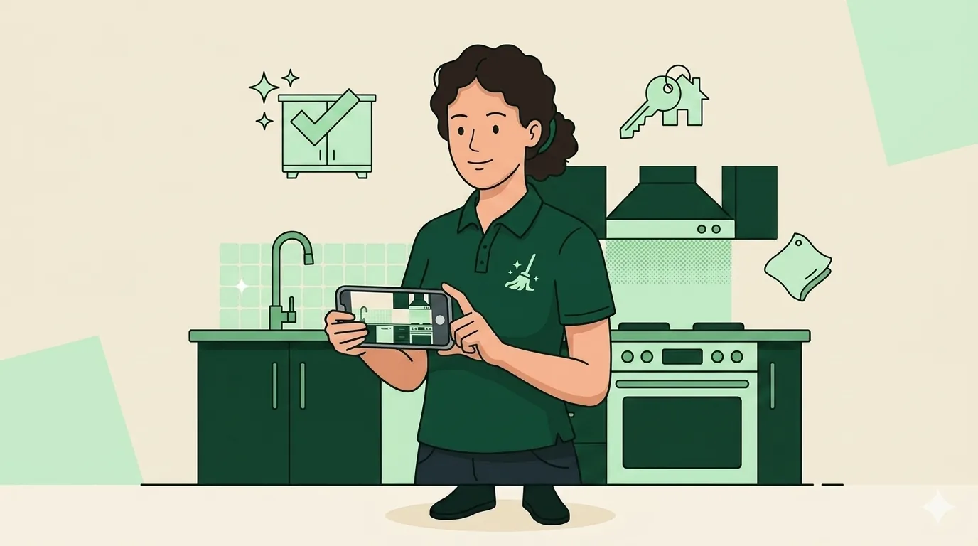 Cleaning professional photographing a finished kitchen on a phone as proof of work